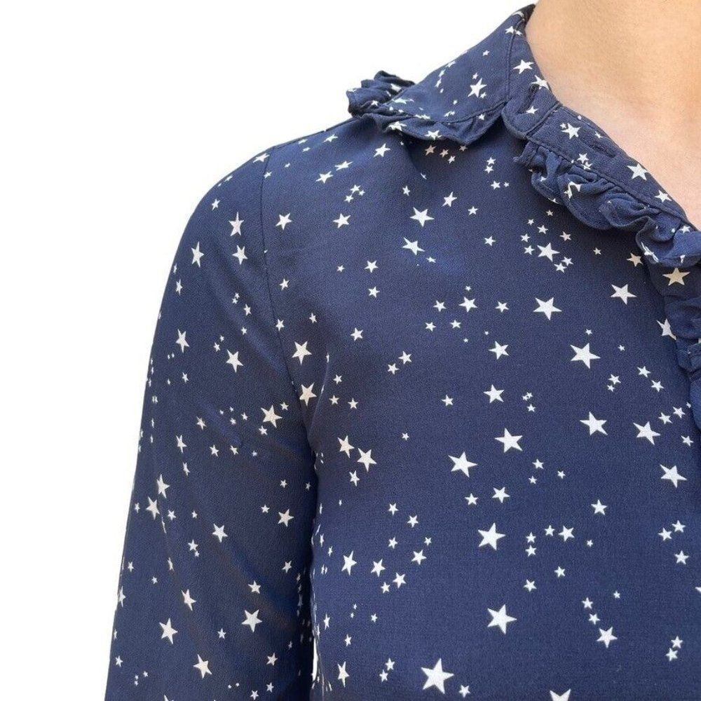 Kate Spade Womens Silk Navy Blue Star 3/4 Sleeve Ruffle Mini Dress Sz XS - Picture 8 of 11
